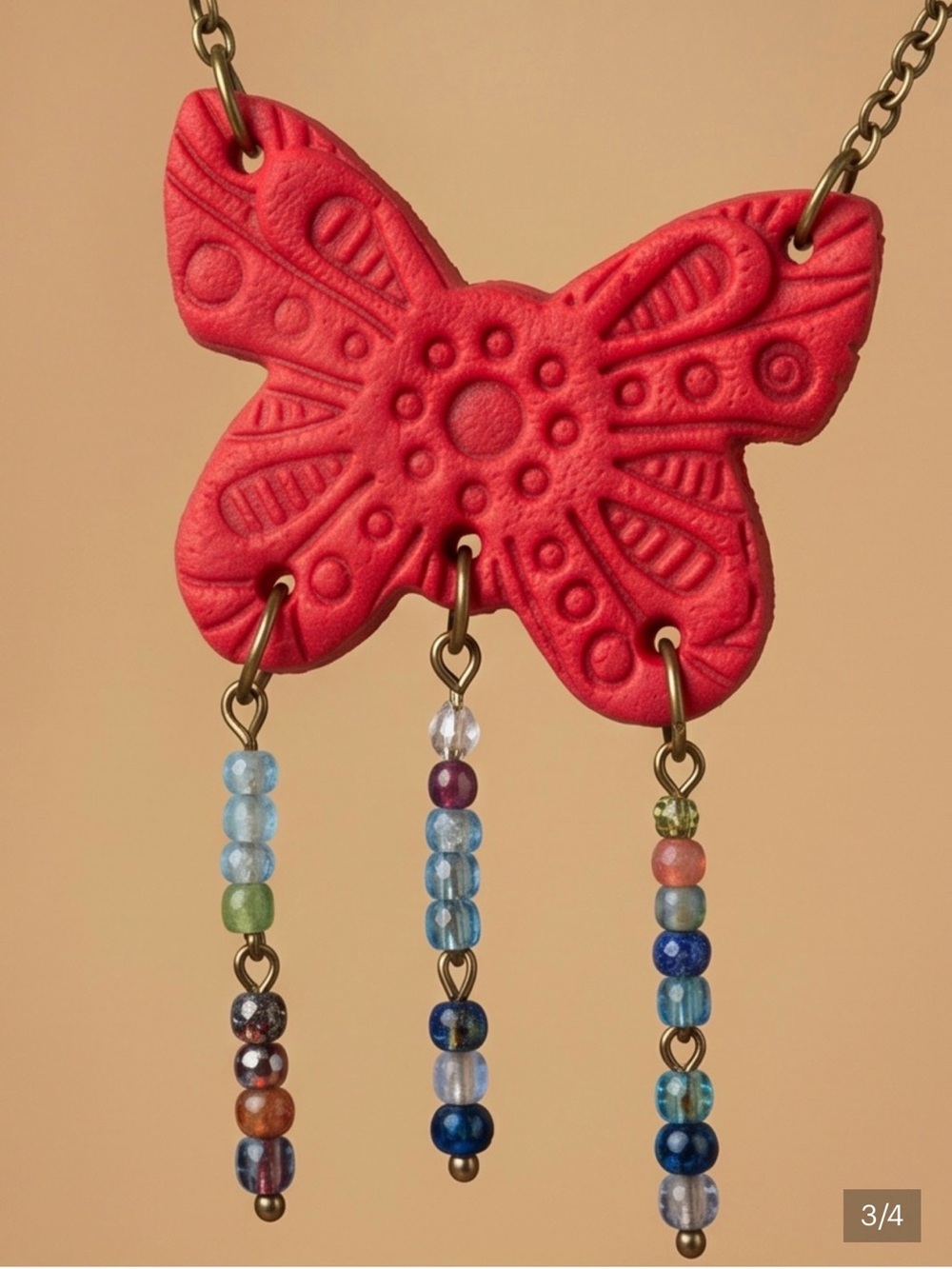 La Mariposa Alegria - Handmade Red Butterfly Necklace with Beaded Tassels